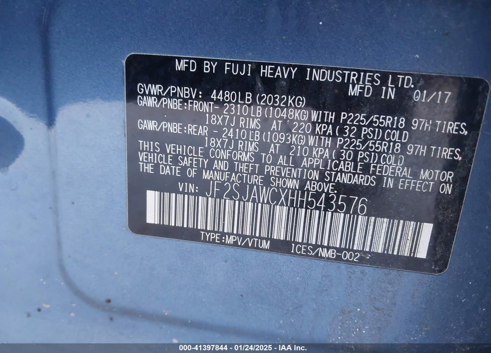 2017 SUBARU FORESTER 2.5I TOURING VIN: JF2SJAWCXHH543576