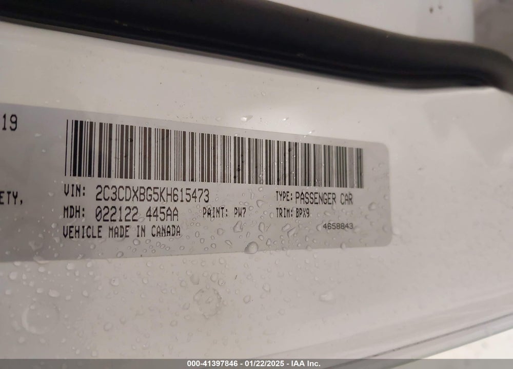 2019 DODGE CHARGER VIN: 2C3CDXBG5KH615473