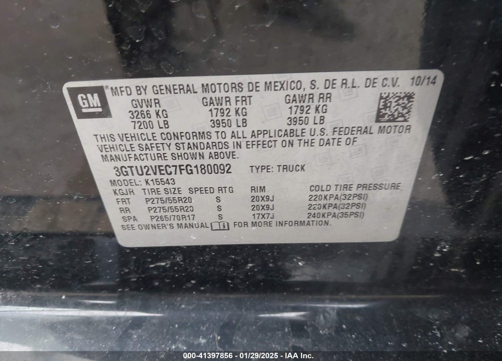 2015 GMC SIERRA 1500 VIN: 3GTU2VEC7FG180092