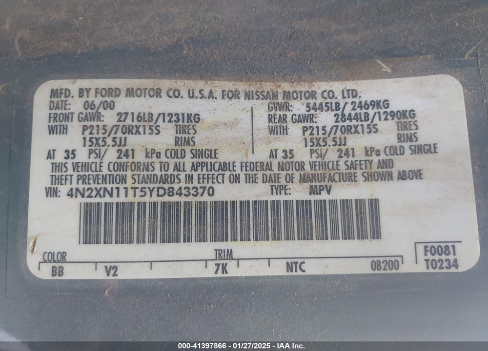 2000 NISSAN QUEST GLE/GXE/SE-CLOTH/SE-LEATHER VIN: 4N2XN11T5YD843370