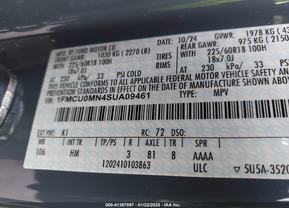 2025 FORD ESCAPE ST LINE VIN: 1FMCU0MN4SUA09461