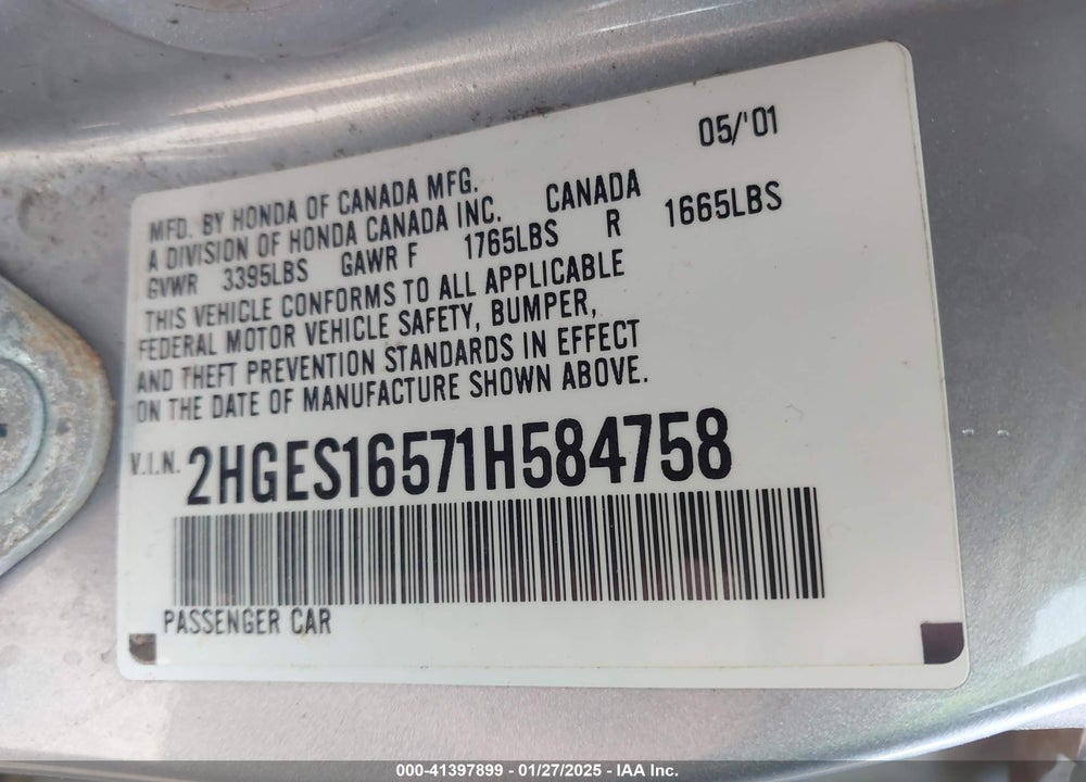2001 HONDA CIVIC LX VIN: 2HGES16571H584758