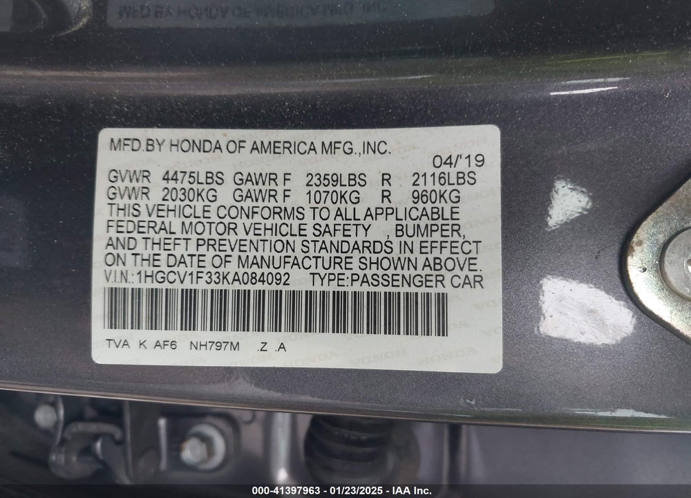 2019 HONDA ACCORD SPORT VIN: 1HGCV1F33KA084092
