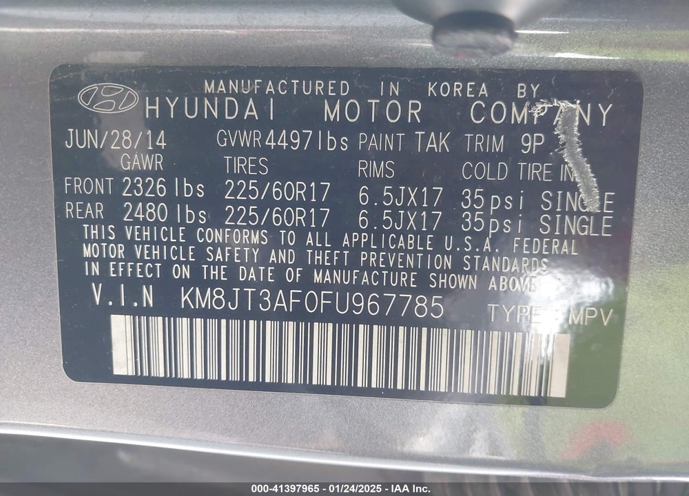 2015 HYUNDAI TUCSON GLS VIN: KM8JT3AF0FU967785
