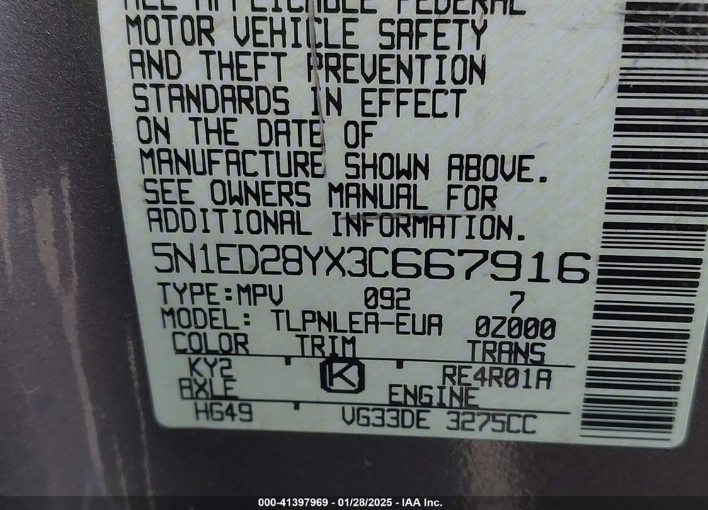 2003 NISSAN XTERRA XE VIN: 5N1ED28YX3C667916