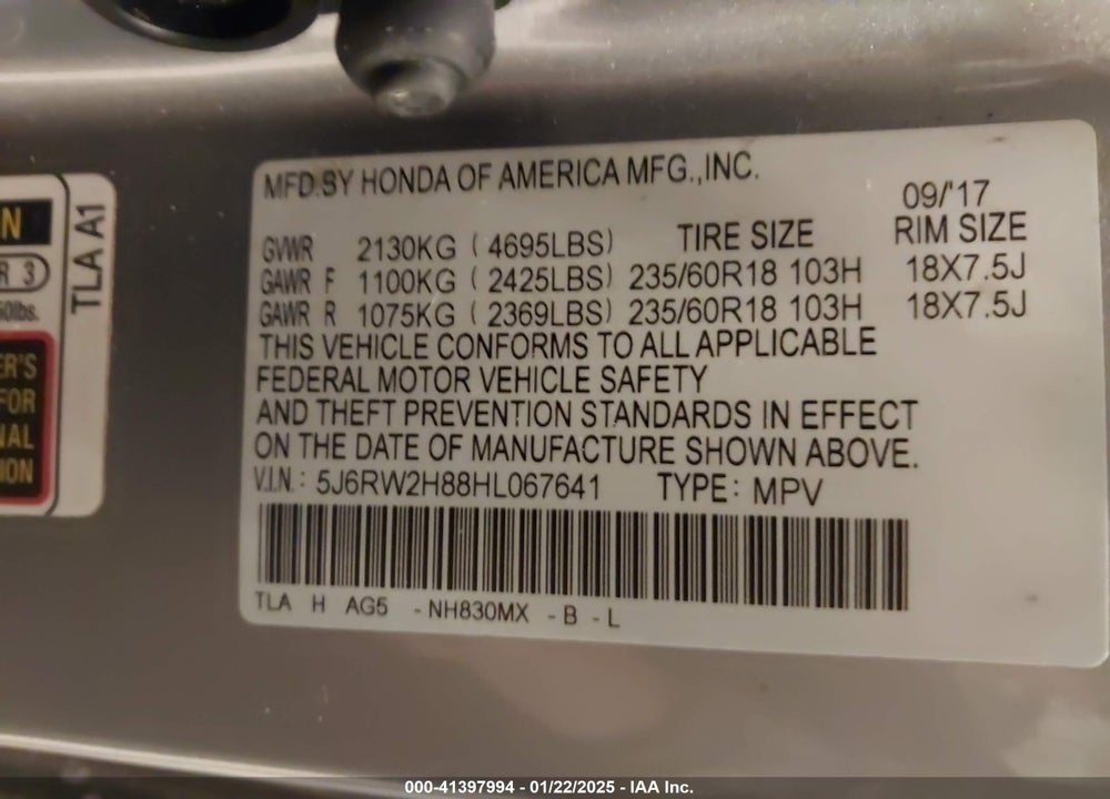 2017 HONDA CR-V EX-L/EX-L NAVI VIN: 5J6RW2H88HL067641