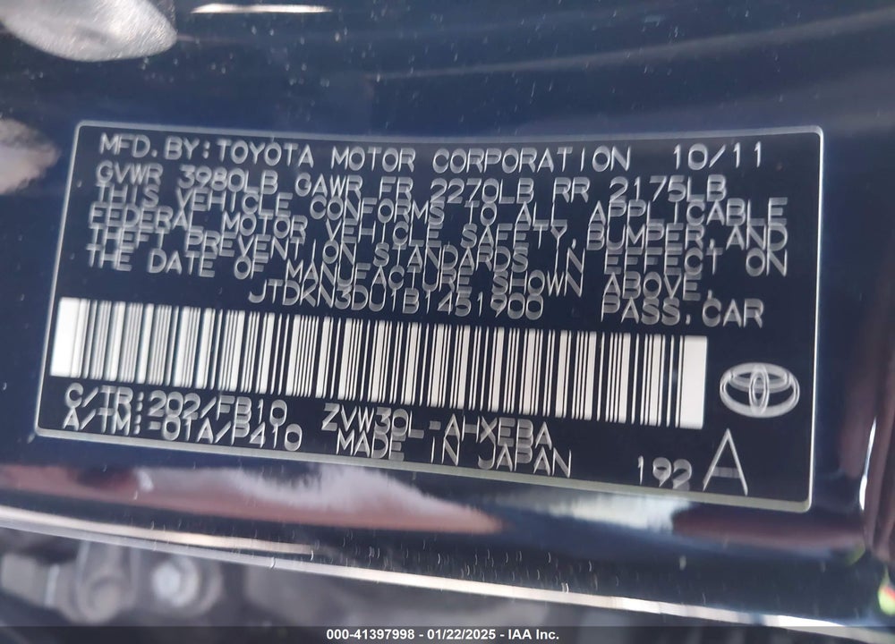2011 TOYOTA PRIUS VIN: JTDKN3DU1B1451900