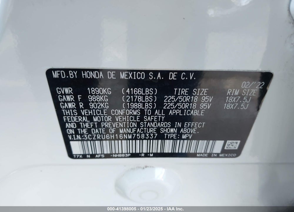 2022 HONDA HR-V AWD SPORT VIN: 3CZRU6H16NM758337