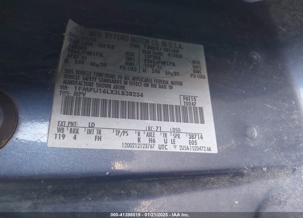 2003 FORD EXPEDITION XLT VIN: 1FMPU16LX3LB38234