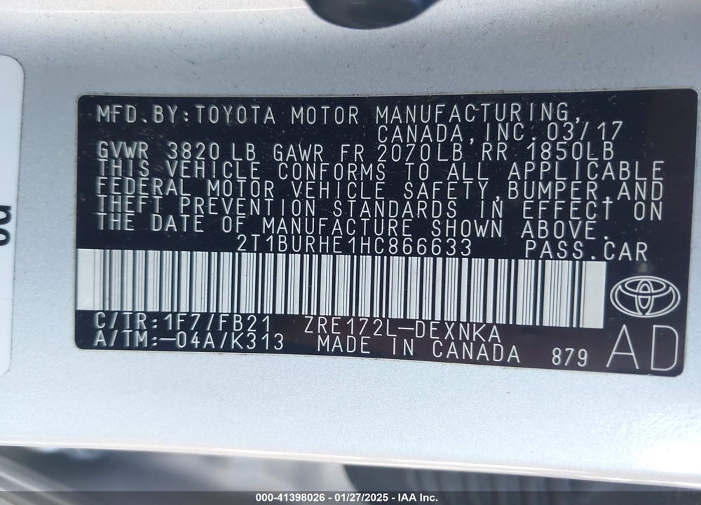 2017 TOYOTA COROLLA VIN: 2T1BURHE1HC866633