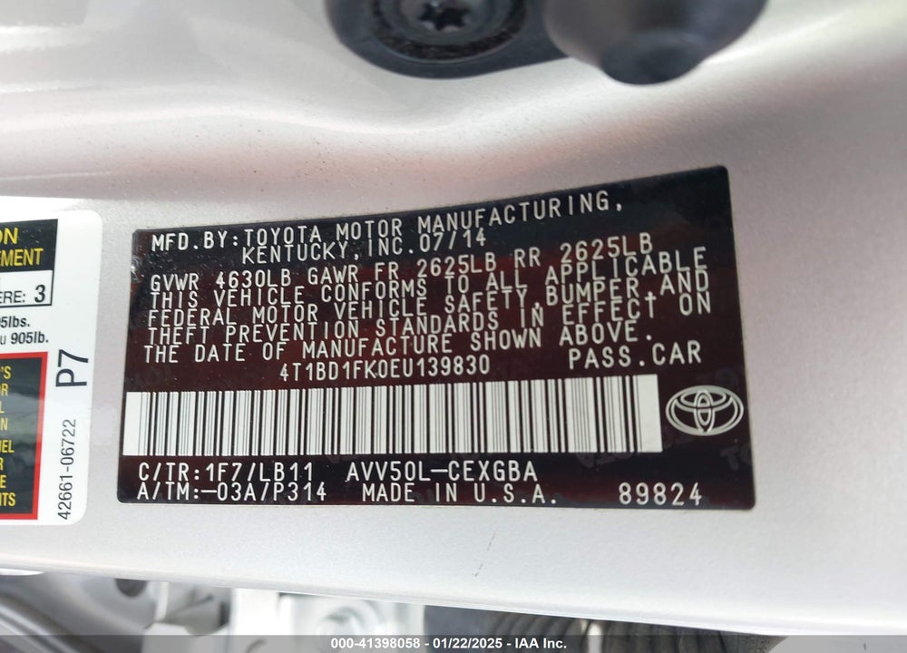 2014 TOYOTA CAMRY HYBRID VIN: 4T1BD1FK0EU139830