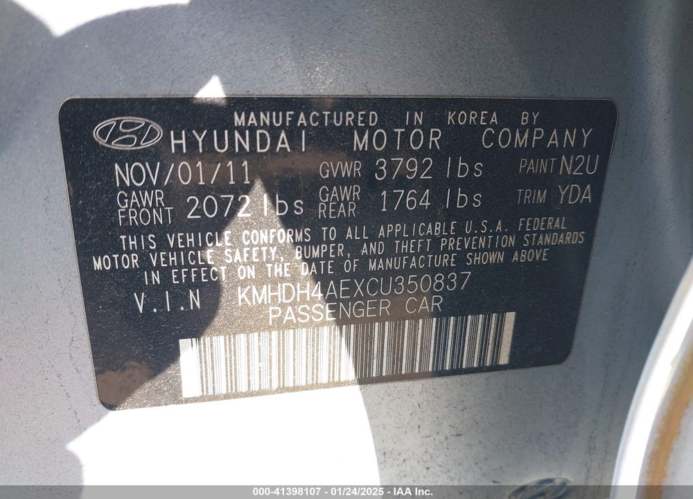 2012 HYUNDAI ELANTRA VIN: KMHDH4AEXCU350837