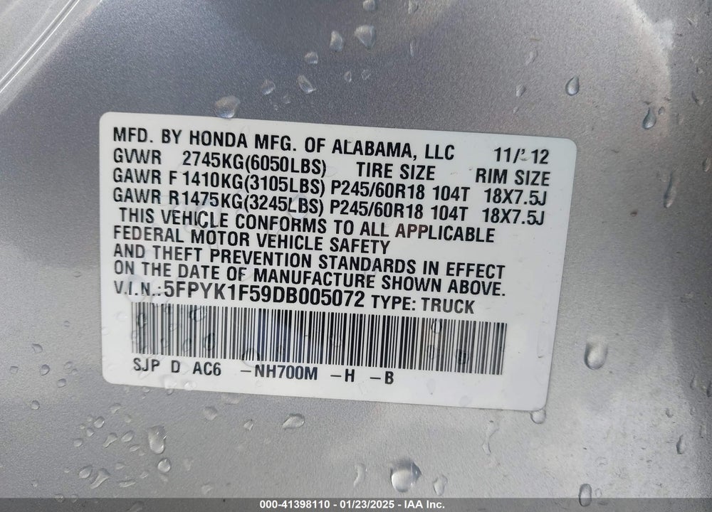 2013 HONDA RIDGELINE VIN: 5FPYK1F59DB005072