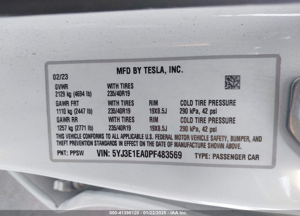 2023 TESLA MODEL 3 VIN: 5YJ3E1EA0PF483569