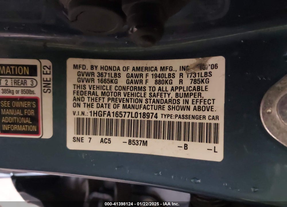 2007 HONDA CIVIC VIN: 1HGFA16577L018974