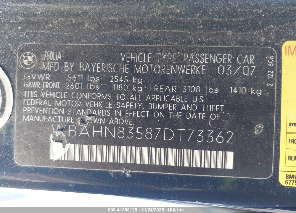 2007 BMW 750LI VIN: WBAHN83587DT73362
