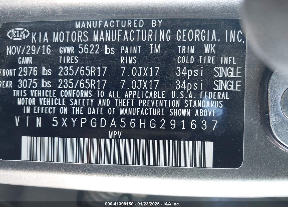 2017 KIA SORENTO 3.3L LX VIN: 5XYPGDA56HG291637