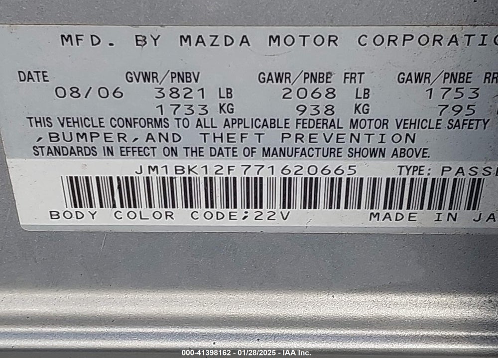 2007 MAZDA 3 I VIN: JM1BK12F771620665