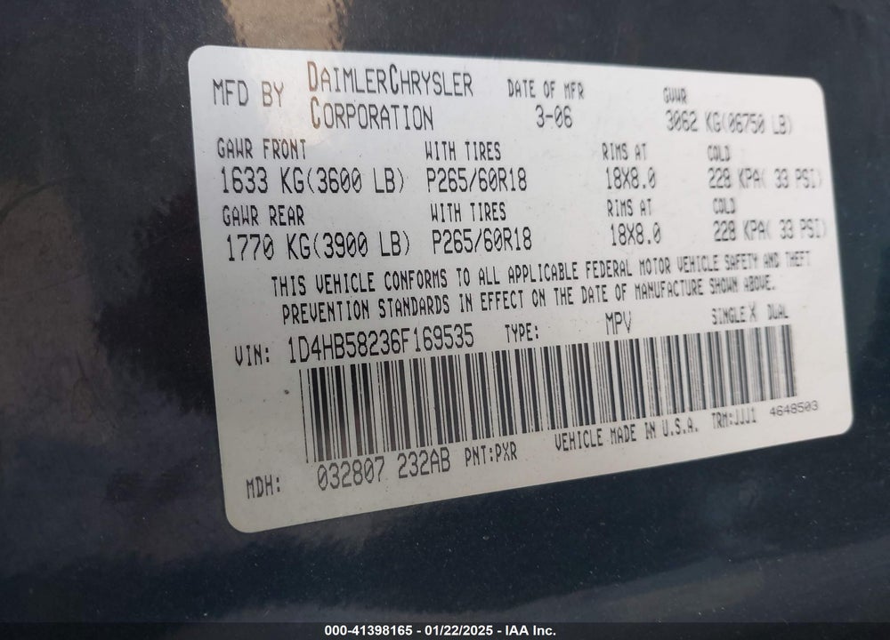 2006 DODGE DURANGO LIMITED VIN: 1D4HB58236F169535
