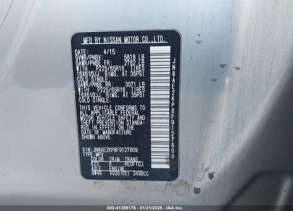 2015 NISSAN QUEST S VIN: JN8AE2KP8F9127809