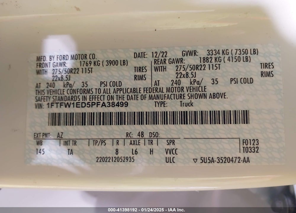 2023 FORD F150 VIN: 1FTFW1ED5PFA38499