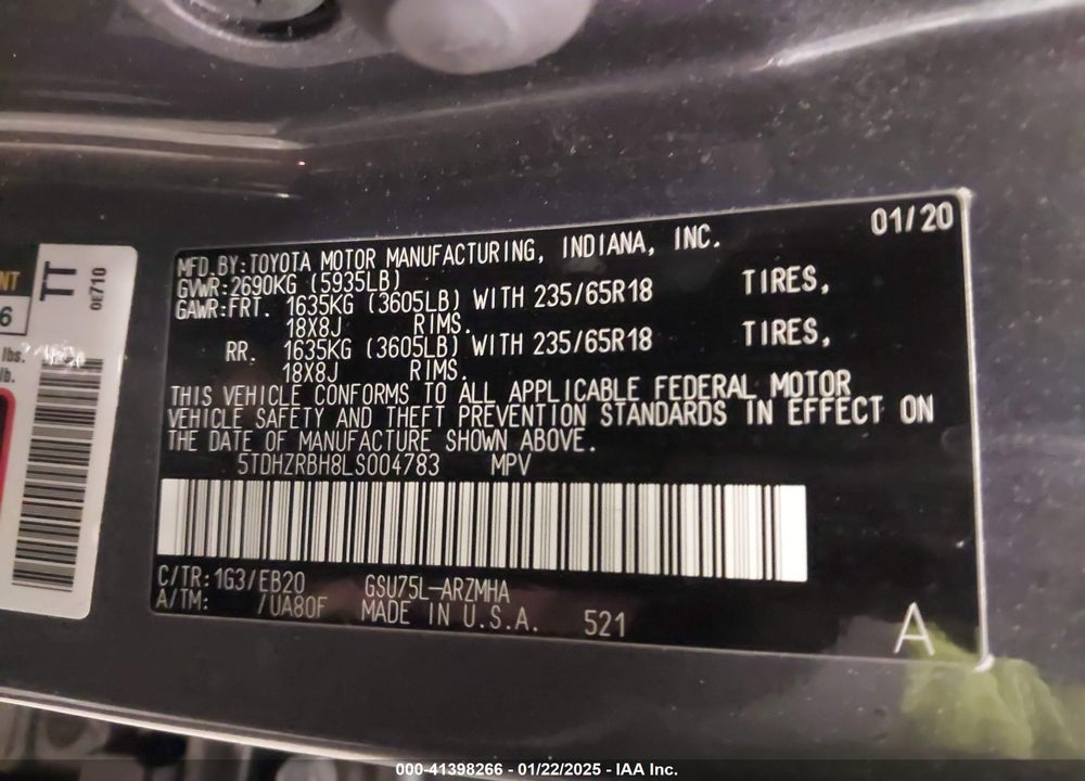 2020 TOYOTA HIGHLANDER XLE VIN: 5TDHZRBH8LS004783