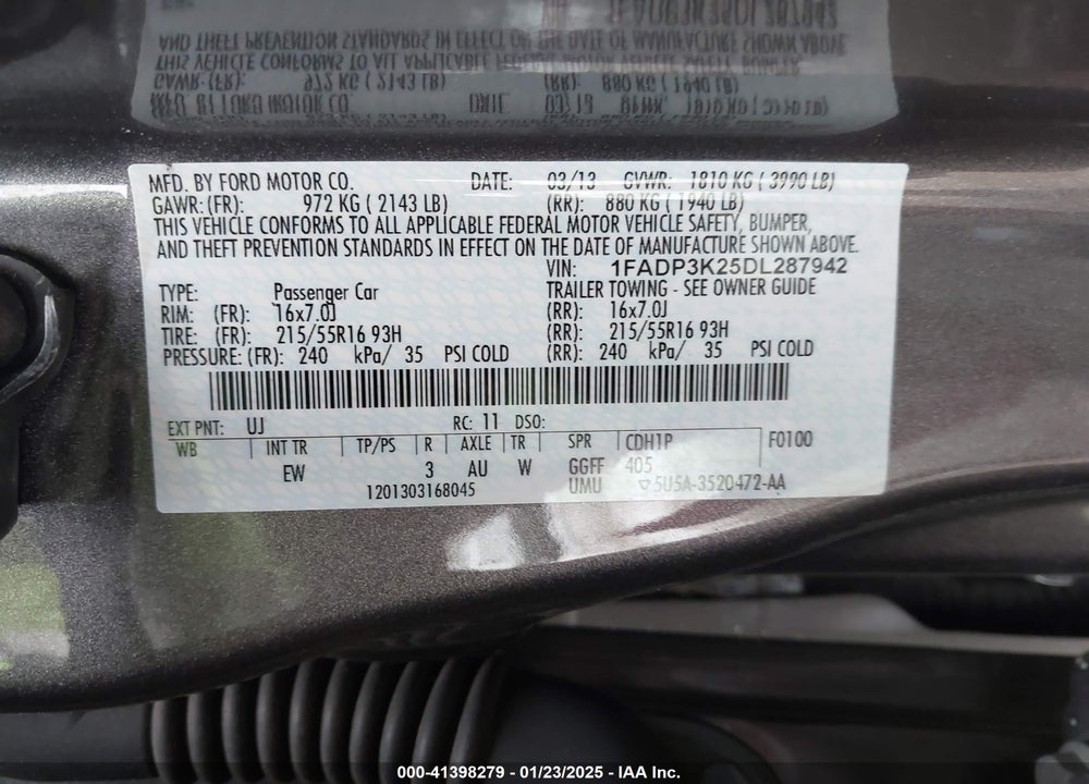 2013 FORD FOCUS SE VIN: 1FADP3K25DL287942