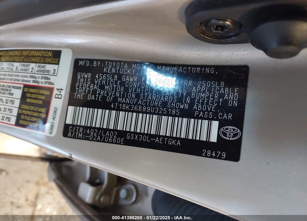 2009 TOYOTA AVALON VIN: 4T1BK36B89U325185