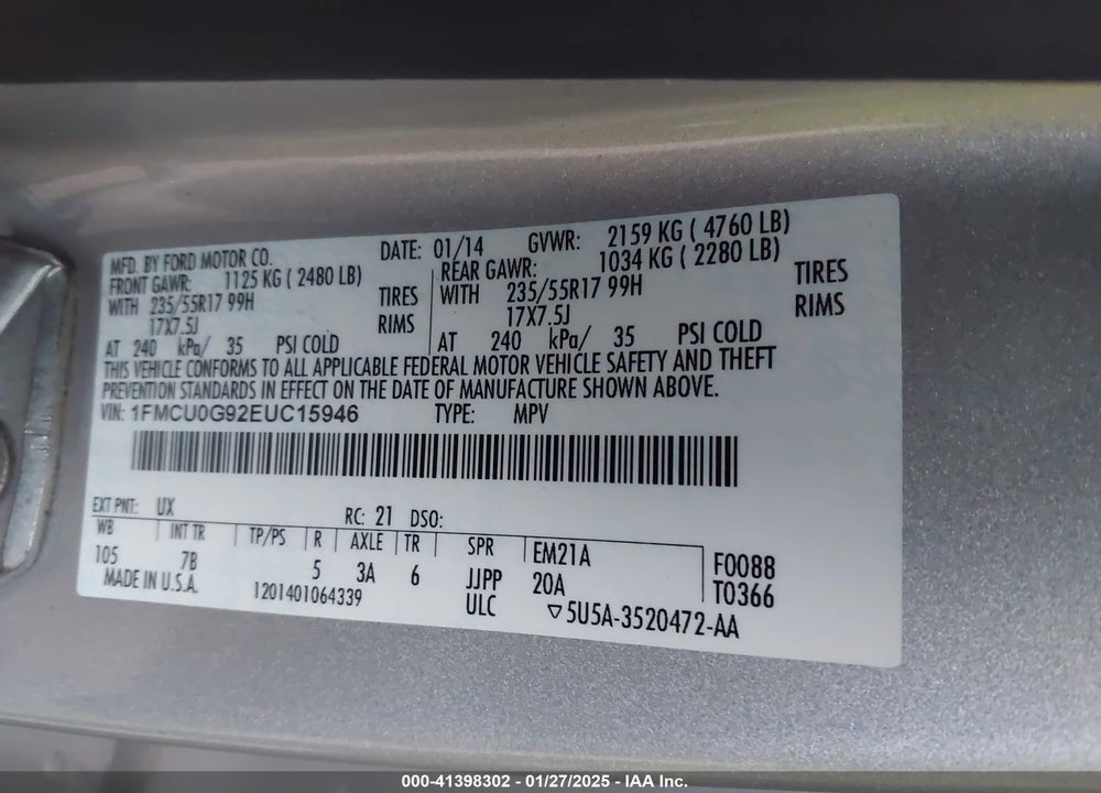 2014 FORD ESCAPE SE VIN: 1FMCU0G92EUC15946