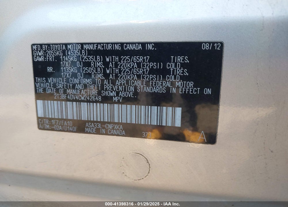2012 TOYOTA RAV4 VIN: 2T3BF4DV4CW242648