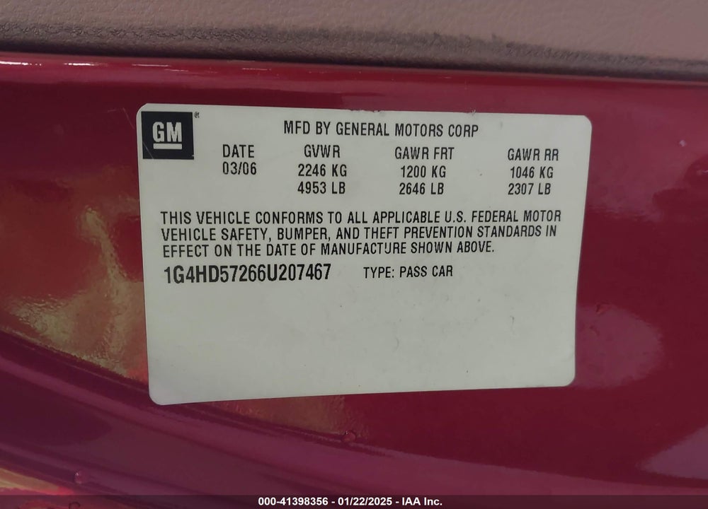 2006 BUICK LUCERNE CXL VIN: 1G4HD57266U207467