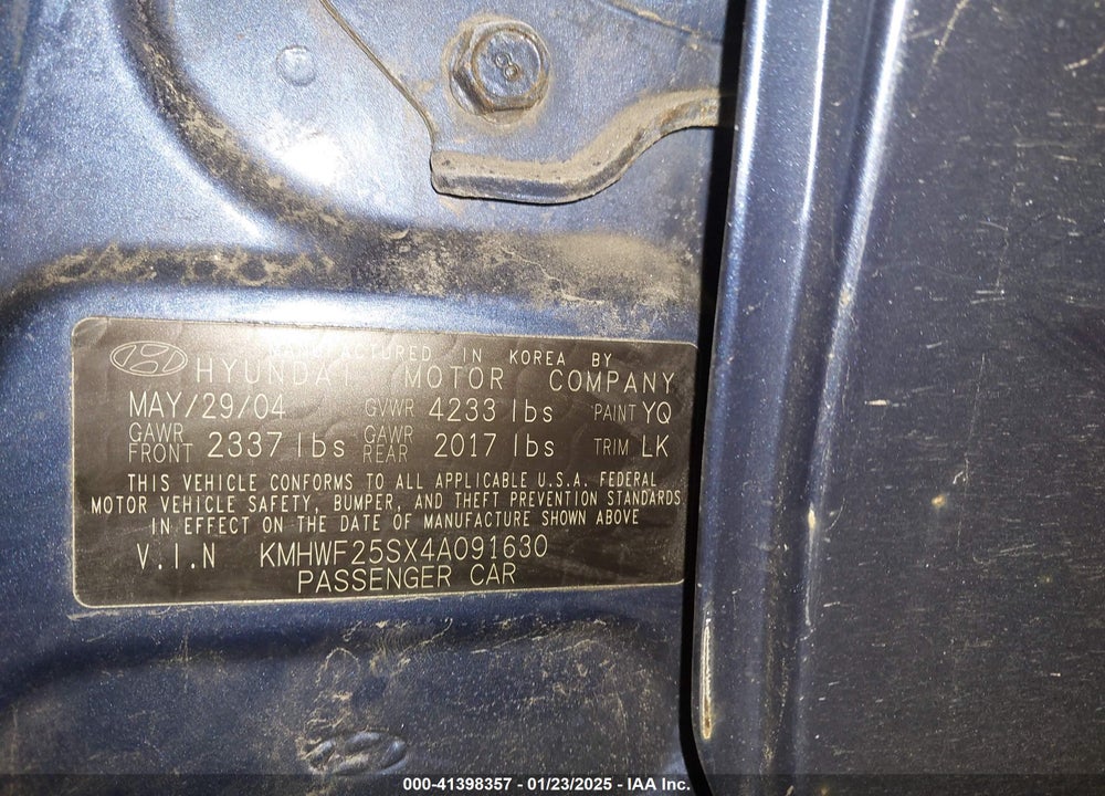 2004 HYUNDAI SONATA VIN: KMHWF25SX4A091630