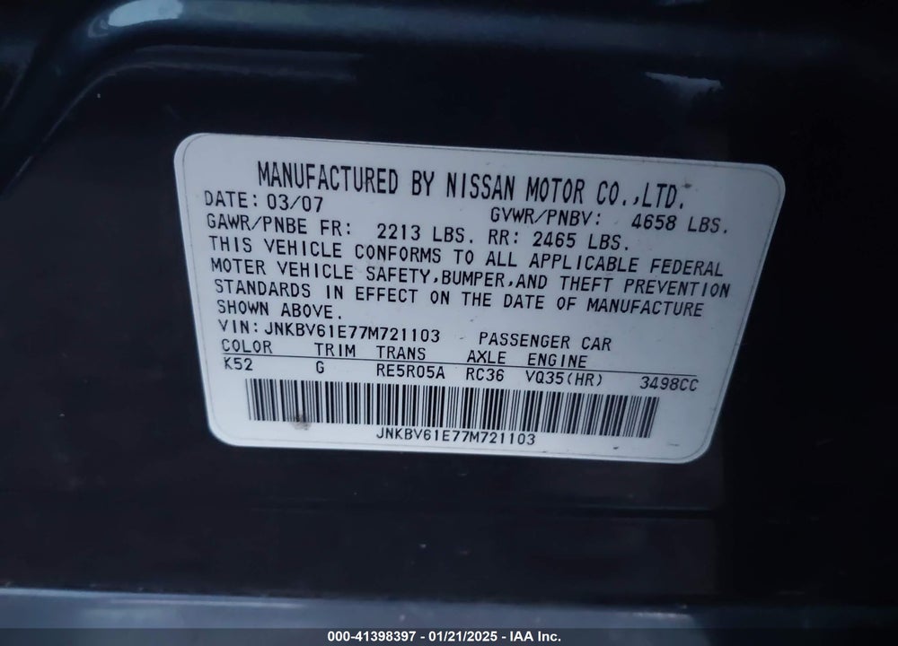 2007 INFINITI G35 VIN: JNKBV61E77M721103