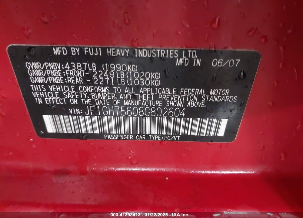 2008 SUBARU IMPREZA WRX VIN: JF1GH75608G802604