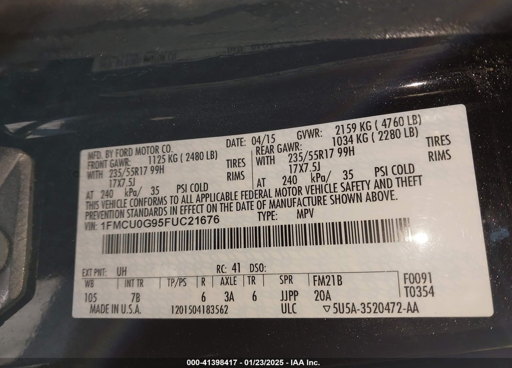 2015 FORD ESCAPE SE VIN: 1FMCU0G95FUC21676