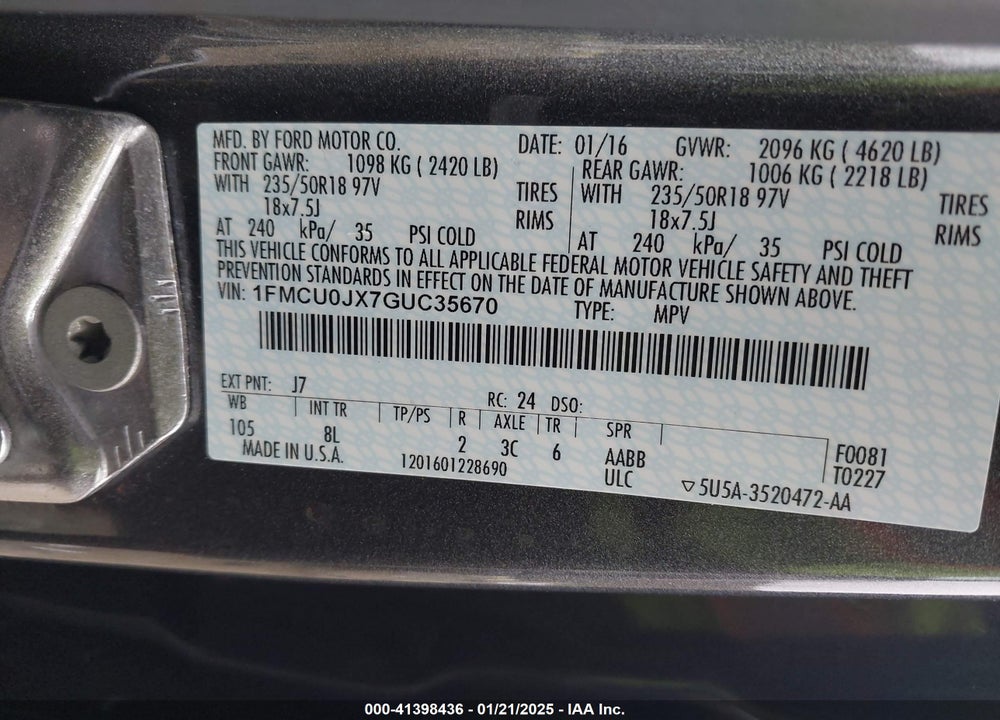 2016 FORD ESCAPE TITANIUM VIN: 1FMCU0JX7GUC35670