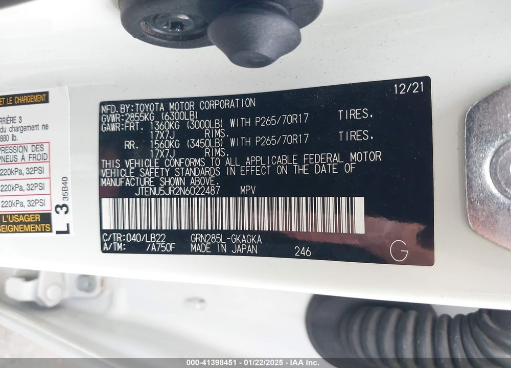 2022 TOYOTA 4RUNNER SR5 PREMIUM VIN: JTENU5JR2N6022487