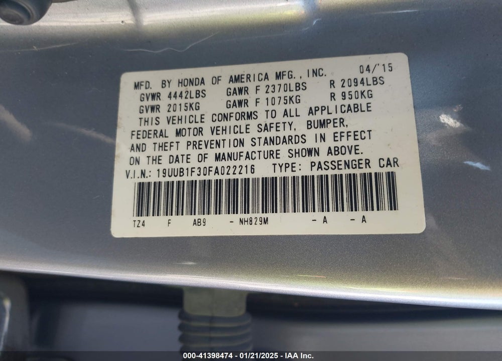 2015 ACURA TLX VIN: 19UUB1F30FA022216