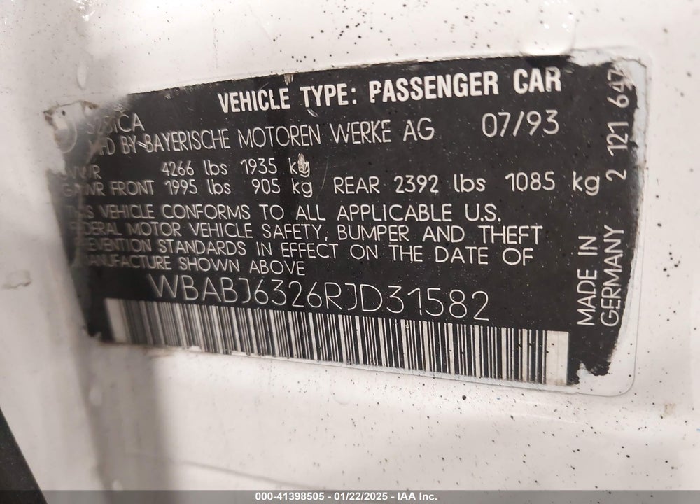 1994 BMW 325 IC AUTOMATIC VIN: WBABJ6326RJD31582