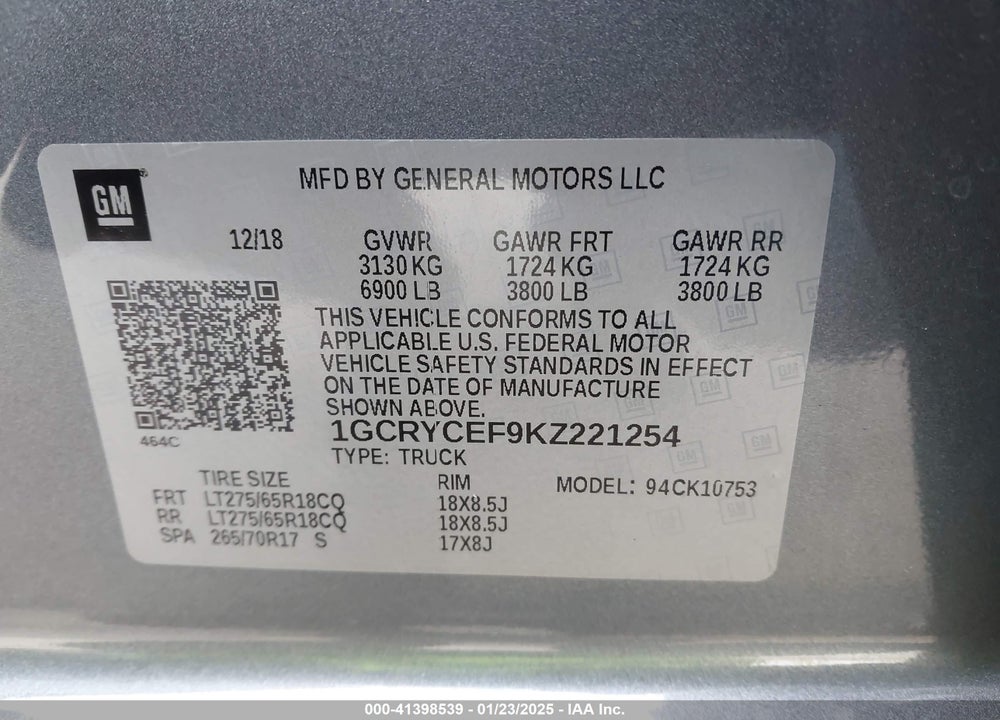 2019 CHEVROLET SILVERADO 1500 VIN: 1GCRYCEF9KZ221254