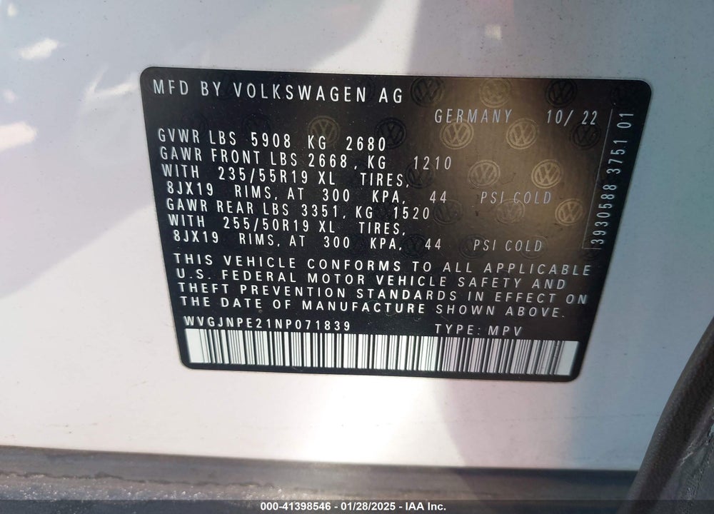 2022 VOLKSWAGEN ID.4 AWD PRO VIN: WVGJNPE21NP071839