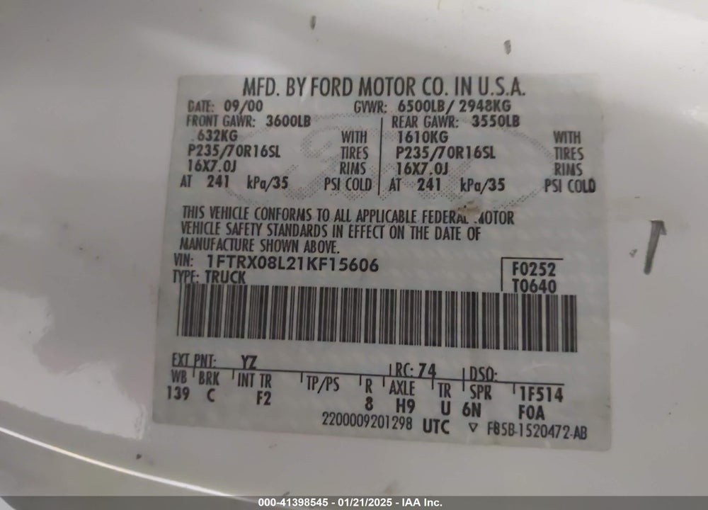 2001 FORD F-150 LARIAT/XL/XLT VIN: 1FTRX08L21KF15606