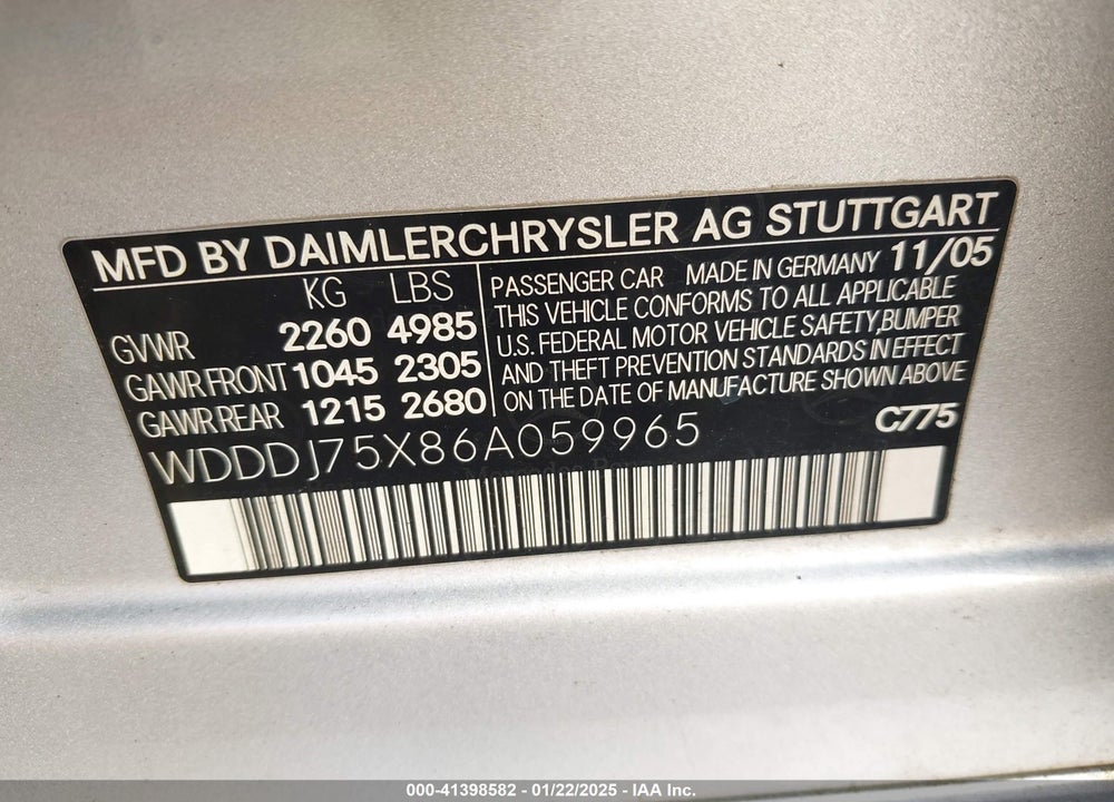2006 MERCEDES-BENZ CLS 500 VIN: WDDDJ75X86A059965