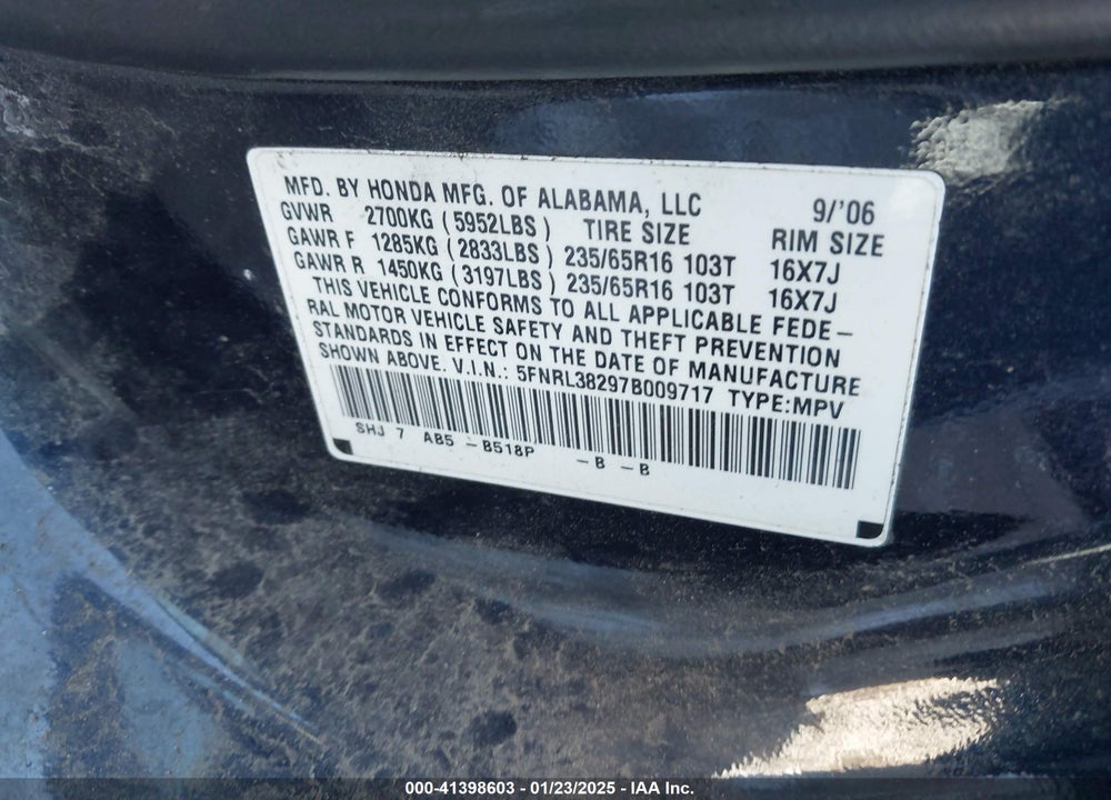 2007 HONDA ODYSSEY LX VIN: 5FNRL38297B009717