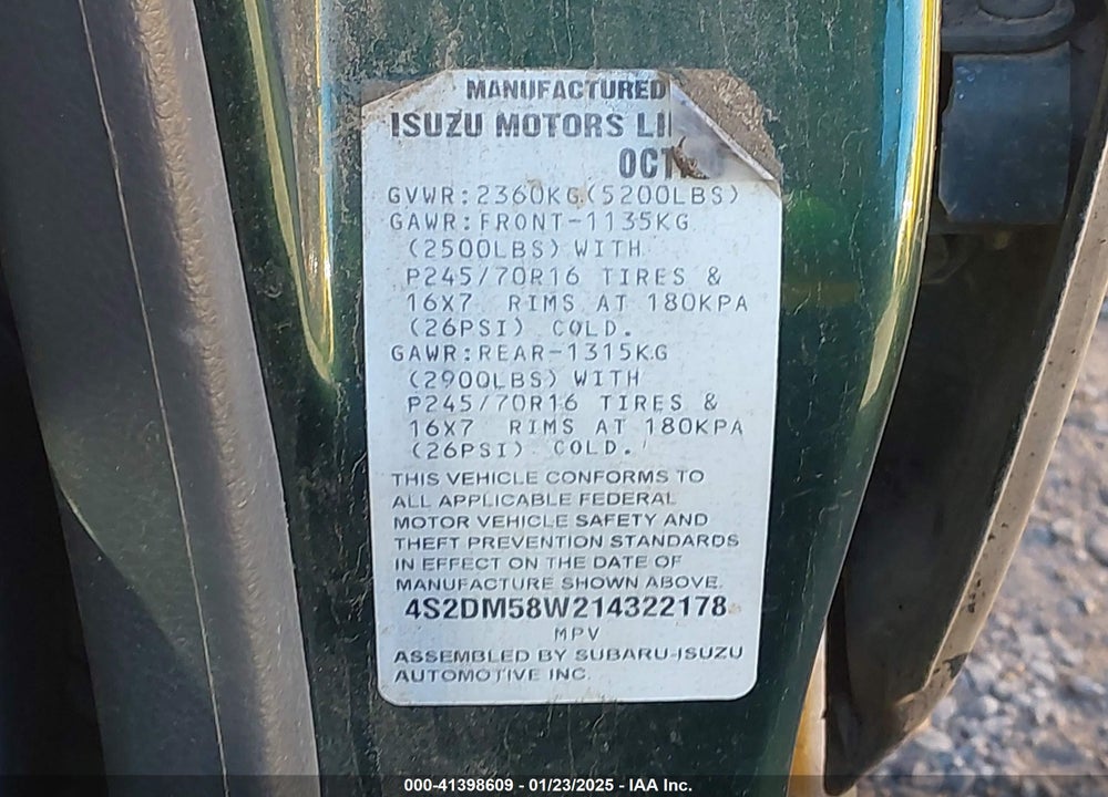 2001 ISUZU RODEO LS 3.2L/LS 3.2L V6/LSE 3.2L V6/S/S 3.2L V6 VIN: 4S2DM58W214322178