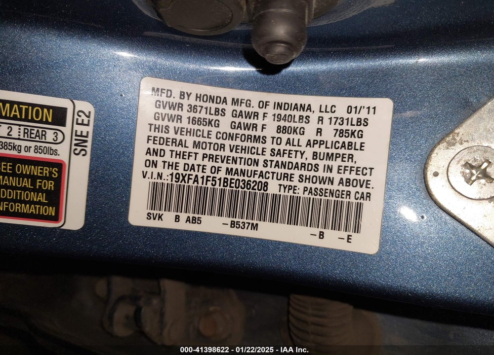 2011 HONDA CIVIC VIN: 19XFA1F51BE036208