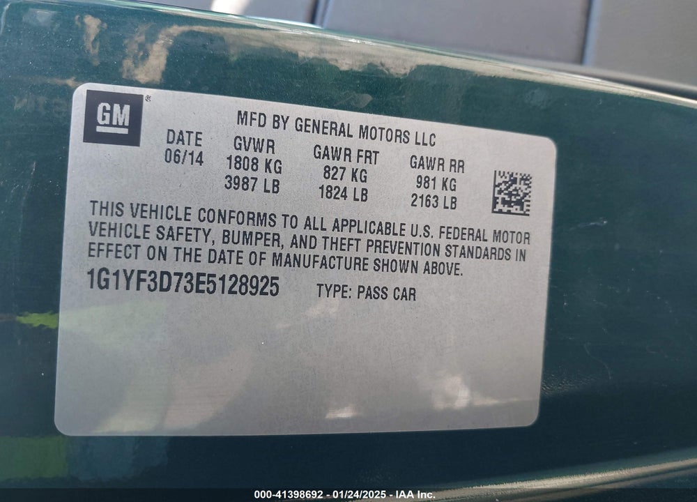 2014 CHEVROLET CORVETTE STINGRAY VIN: 1G1YF3D73E5128925