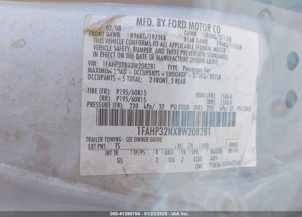 2008 FORD FOCUS VIN: 1FAHP32NX8W208281
