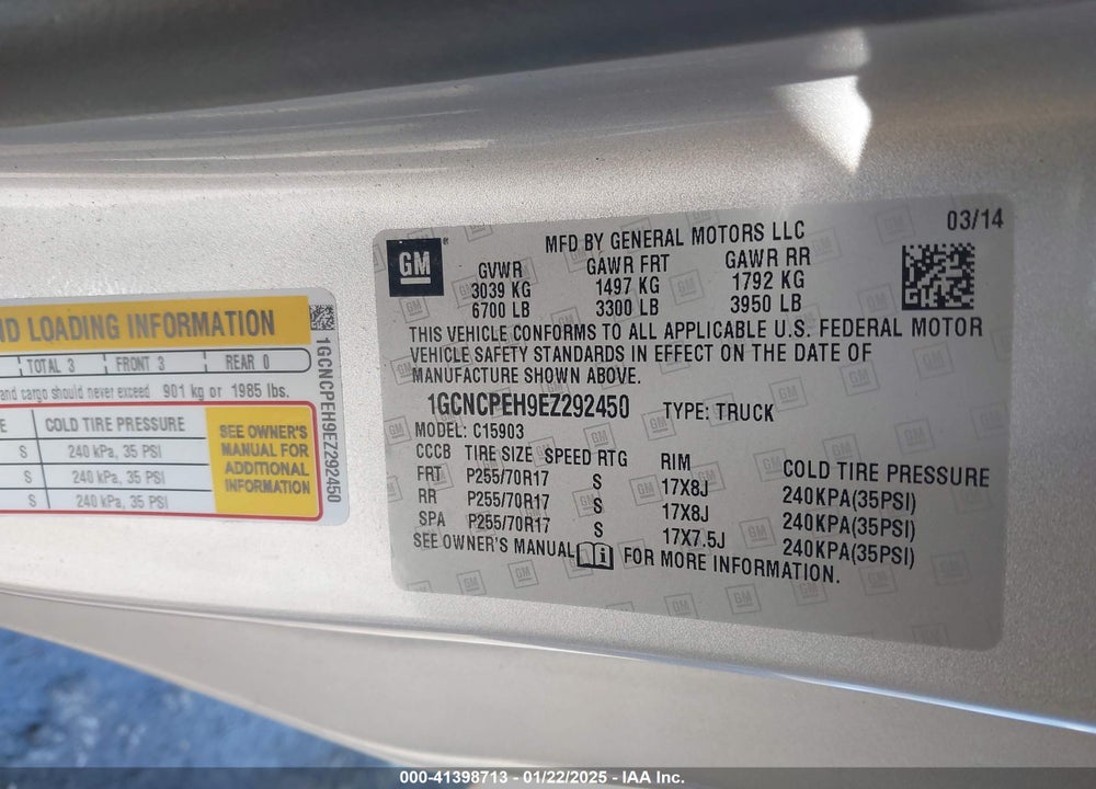 2014 CHEVROLET SILVERADO 1500 VIN: 1GCNCPEH9EZ292450