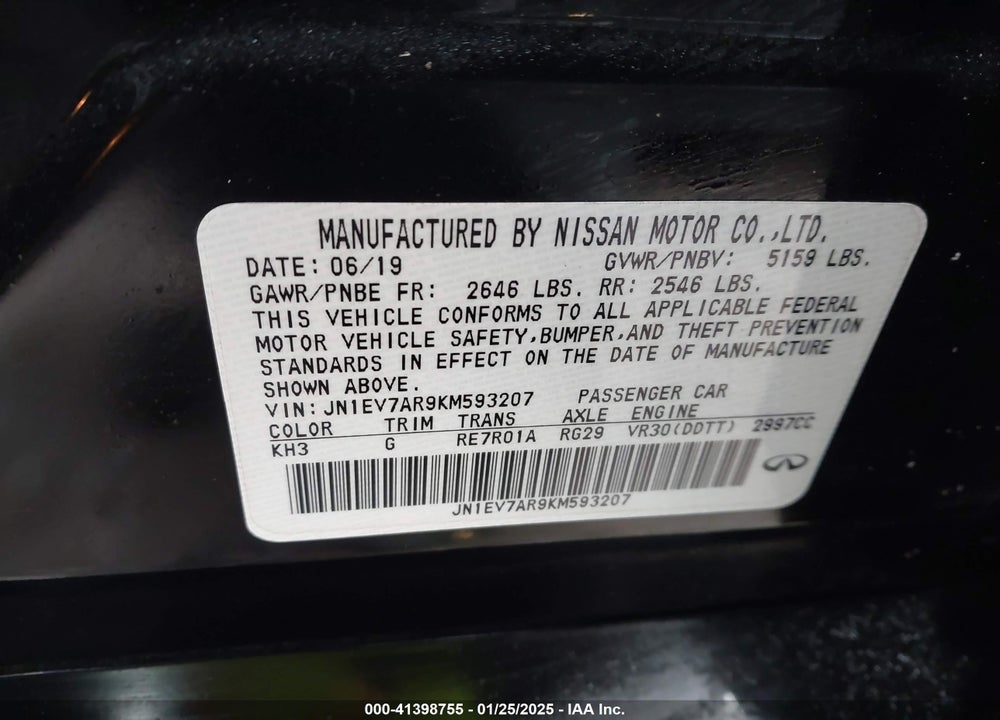 2019 INFINITI Q50 VIN: JN1EV7AR9KM593207